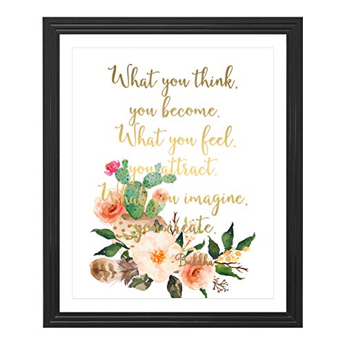 Product Cover Eleville 8X10 What you think you become Real Gold Foil and Floral Watercolor Art Print (Unframed) Buddha Quote Wall Art Home Decor Motivational Inspirational Poster Holiday Gifts WG117