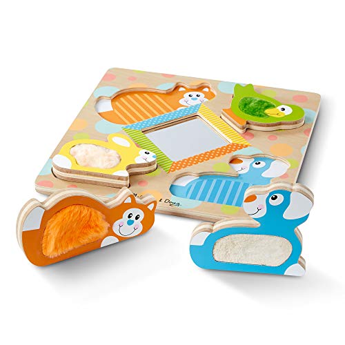 Product Cover Melissa & Doug First Play Wooden Touch & Feel Puzzle, Peek-a-Boo Pets (4 Textured Pieces and Mirror)