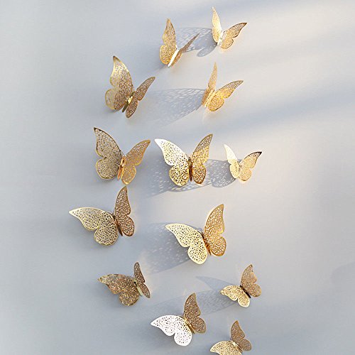 Product Cover Xtore® 12pcs 3D Metallic Finish Home Decor Butterfly Comes with Sticking Pad(Shimmer Golden)(Set of 12)