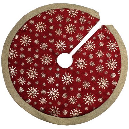 Product Cover 18-Inch Mini Tree Skirt for Mini / Tabletop Christmas Trees - Burgundy Red and Gold Burlap Like Design with Printed Gold Snowflakes