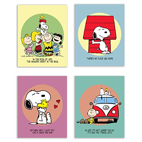 Product Cover Charlie Brown and Snoopy Bedroom Nursery Wall Art Prints - Set of 4 (8x10) Poster Photos - Peanuts and Quotes Decor