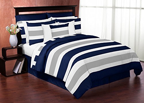 Product Cover Sweet Jojo Designs 3-Piece Navy Blue, Gray and White Childrens, Teen Full/Queen Boys Stripe Bedding Set Collection