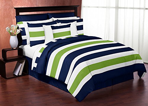 Product Cover Sweet Jojo Designs 3-Piece Navy Blue Lime Green and White Childrens, Kids, Teen Full/Queen Boys Stripe Bedding Set Collection