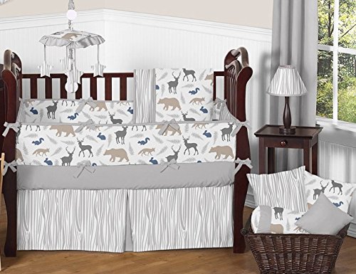 Product Cover Sweet Jojo Designs 9-Piece Blue Grey and White Woodland Animal Safari Baby Boys Bear Deer Fox Crib Bedding Set