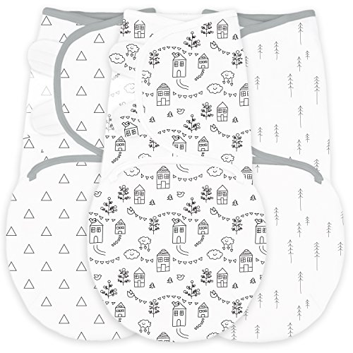 Product Cover Amazing Baby Swaddle Blanket with Adjustable Wrap, Set of 3, Little Village, Trees and Triangles, Black, Small
