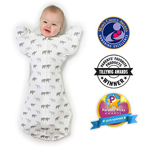 Product Cover Amazing Baby Transitional Swaddle Sack with Arms Up Mitten Cuffs, Tiny Elephants, Sterling, Small, 0-3 Months (Parents' Picks Award Winner)
