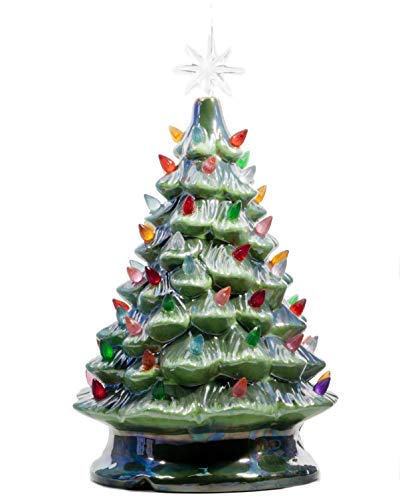 Product Cover ReLive Christmas is Forever Lighted Tabletop Ceramic Tree, 14.5 Inch Pearlized Green Tree with Multicolored Lights