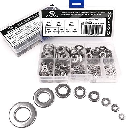 Product Cover Comdox 360Pcs 8 Sizes Stainless Steel Flat Washers Assortment Set (M2 M2.5 M3 M4 M5 M6 M8 M10)