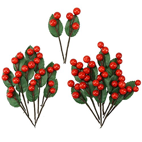 Product Cover Shxstore Artificial Red Holly Leaves Berry Picks Stems Fake Winter Christmas Berries Decor For DIY Garland And Holiday Wreath Ornaments, 24 Branch
