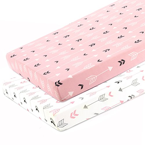 Product Cover Stretchy Fitted Pack n Play Playard Sheet Set-Brolex 2 Pack Portable Mini Crib Sheets,Convertible Playard Mattress Cover,Ultra Soft Material,Pink & White Arrow Design