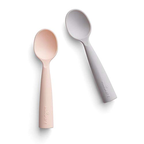 Product Cover Miniware Teething Spoon Cutlery Set with Carrying Case for Baby Toddler Kids - Promotes Self Feeding | 100% Food Grade Silicone | BPA Free | Modern & Durable Design | Dishwasher Safe (Grey and Peach)