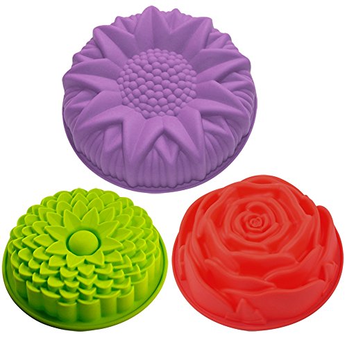 Product Cover 3 Pack Flower Shape Silicone Cake Bread Pie Flan Tart Molds, SENHAI Large Round Sunflower Chrysanthemum Rose Shape Non-Stick Baking Trays for Birthday Party DIY - Yellow,Red,Purple
