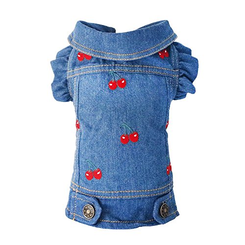 Product Cover SILD Pet Clothes Dog Jeans Jacket Cool Blue Denim Coat Small Medium Dogs Lapel Vests Classic Puppy Hoodies (L, Cherry)