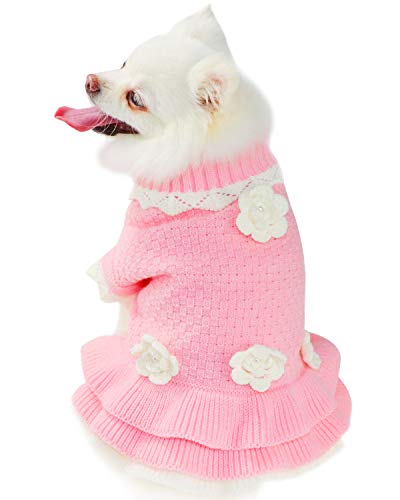 Product Cover Joytale Turtleneck Flower Studded Pet Dog Sweater Apparel, Pink Female Girl Dog Winter Clothes, Fits Small Puppy Breeds; Back Length 13.3