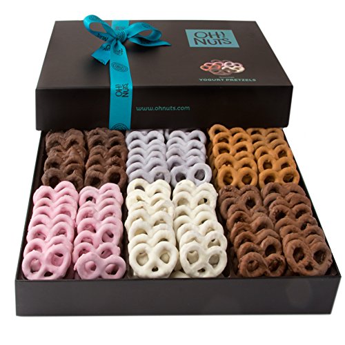 Product Cover Oh! Nuts Chocolate Covered Pretzels Gift Basket, 6 Variety Assorted Flavored Set of Yogurt, Milk & Dark Gift Box, Send for Christmas Holiday Valentine's or Mother's Day a Sweet Treat for Men & Women