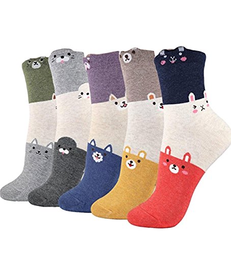 Product Cover 5 Pairs Women Teen Girls Cute Animal Casual Cotton Crew Socks Great Gifts (Trio)