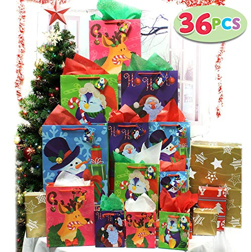 Product Cover 36 Pcs Christmas Holiday Gift Bags Set with Wrapping Papers and Tissue Paper for Christmas Gift Decoration, Holiday Gift Wrapping, School Classrooms, Party Favors