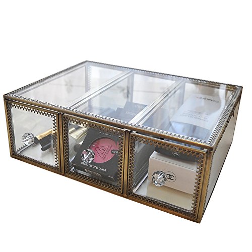 Product Cover Hersoo Vintage Clear Mirror Glass&Brass Metal Jewelry and Cosmetic Storage Makeup Organizer 3 Drawers with Lid Individually Use& Matching Set Display Cases