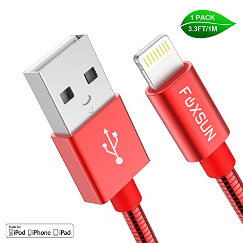 Product Cover Metal iPhone Charger Cord [Apple MFi Certified], Foxsun 3.3 FT/1M Metal Braided USB Lightning Cable Cords for iPhone Xs MAX/XR/XS/X/8/7/7Plus/6/6Plus/6S/6S Plus/5/5S/5C/SE,iPad Pro/Air/Mini (Red)
