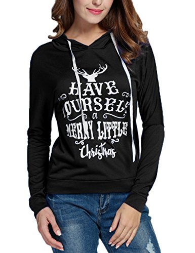 Product Cover Womens Letter Printed Long Sleeve Drawstring Sweatshirt Hoodies Tops Blouse (M,Black)