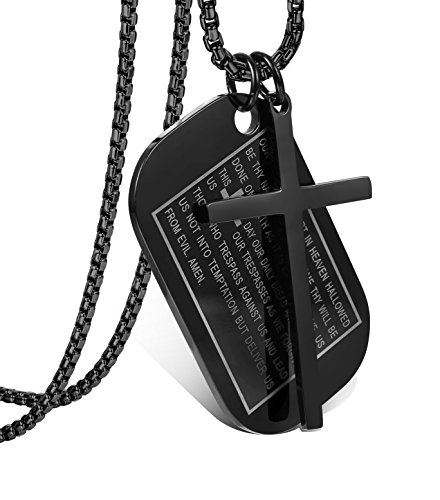 Product Cover Jstyle Stainless Steel Dog Tags Cross Necklaces for Men Prayer Cross Necklace Military Rolo Chain 3mm 24 Inch Black Bible Prayer