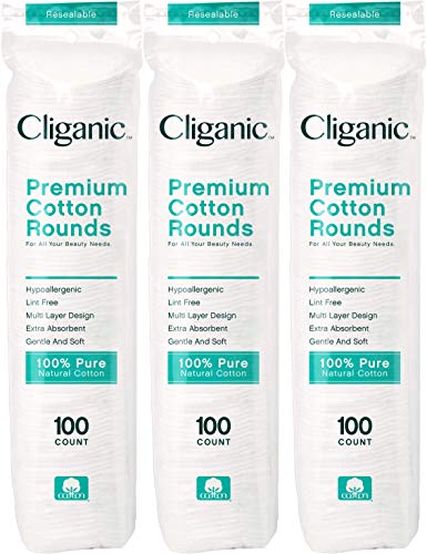 Product Cover Cliganic Premium Cotton Rounds for Face (300 Count) | Makeup Remover Pads, Hypoallergenic, Lint-Free | 100% Pure Cotton