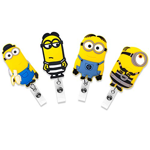Product Cover Finex Set of 4 The Minions Badge ID Clip Reel Retractable Holder Office Work Nurse Name Badge Tag Clip On Card Holders Cute - 30 inch Cord Extension