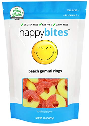 Product Cover Happy Bites Peach Gummi Rings - Gluten Free, Fat Free, Dairy Free - Resealable Pouch (1 Pound)