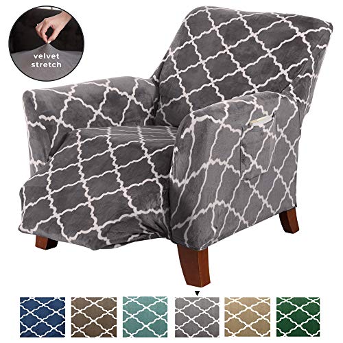 Product Cover Modern Velvet Plush Recliner Slipcover. Strapless One Piece Stretch Recliner Cover. Recliner Cover for Living Room. Magnolia Collection Slipcover. (Recliner, Grey)