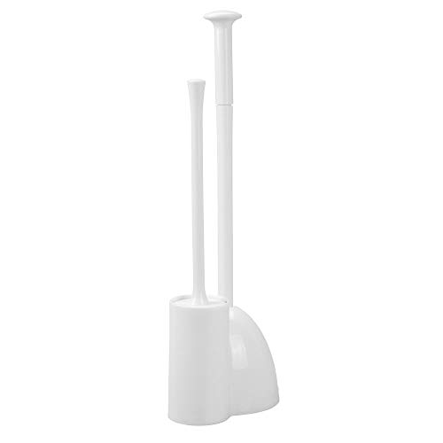 Product Cover mDesign Modern Slim Compact Freestanding Plastic Toilet Bowl Brush Cleaner and Plunger Combo Set Kit with Holder Caddy for Bathroom Storage and Organization - Covered Lid Brush - White