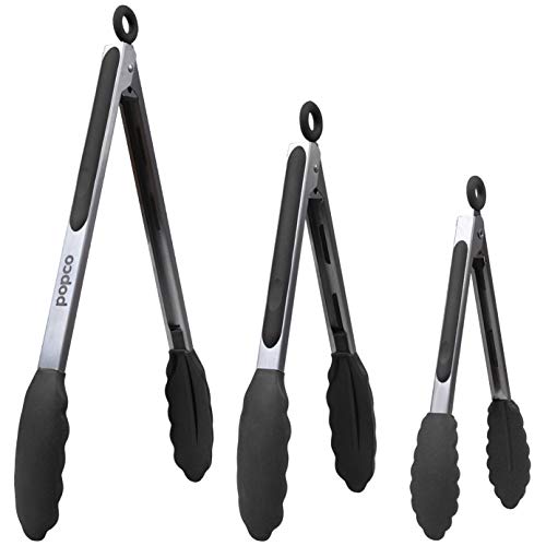 Product Cover The Original Popco Tongs, Set of 3-7,9,12 inches, Heavy Duty, Stainless Steel Bbq and Kitchen Tongs with Silicone Tips (Can Also Be Used as Ice Tongs and Sugar Tongs) (Black)