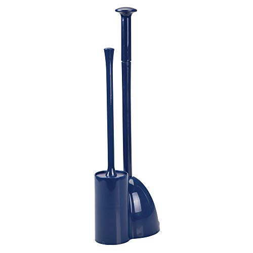 Product Cover mDesign Modern Slim Compact Freestanding Plastic Toilet Bowl Brush Cleaner and Plunger Combo Set Kit with Holder Caddy for Bathroom Storage and Organization - Covered Lid Brush - Navy Blue