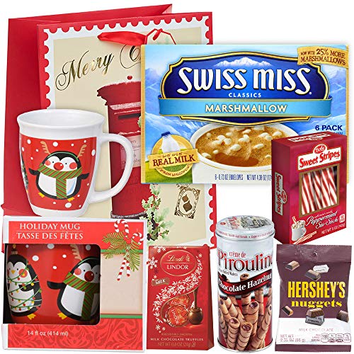 Product Cover Holiday Gift Set | 14 fl Mug, 6 Pack SwissMiss Marshmallow Hot Cocoa, Bobs Peppermint Candy Sticks, Hersheys Kisses, Lindt Lindor Milk Chocolate Truffles & Pirouline Cream Wafers (Swiss)