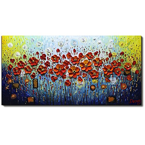 Product Cover V-inspire Abstract Paintings, 24x48 Inch 3D Abstract Paintings Modern Textured Red Flower Oil Hand Painting On Canvas Wood Inside Framed Ready to Hang Wall Decoration for Living Room Home Kitchen