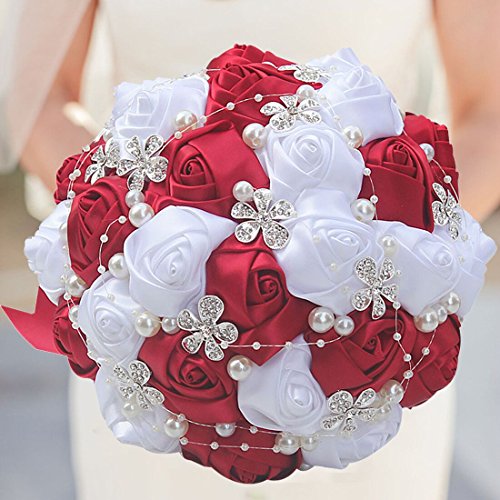 Product Cover S-SSOY Customizable Romantic Wedding Bouquets Silk Flowers Bridal Holding Roses Bride Bridesmaid Brooch Bouquet with Pearl Diamond Crystal Ribbon Valentine's Day Free Corsage (Wine Red+White)