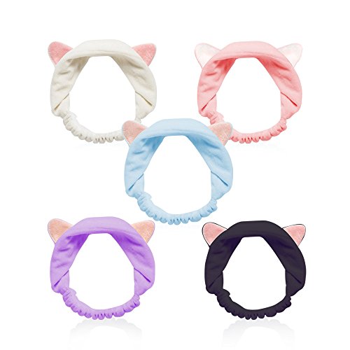 Product Cover Cat Ears Headbands, Teenitor Elastic Women's Lovely Etti Hair Band, Wash Face Spa Headband-Washable Facial Band Makeup Wrap Headbands Christmas Gift Fits All Head Sizes, 5pcs