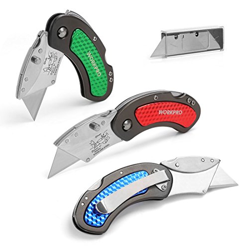 Product Cover WORKPRO Folding Utility Knife Set Quick Change Blade, Back-Lock Mechanism 3-Piece with 10-Piece Extra Blades