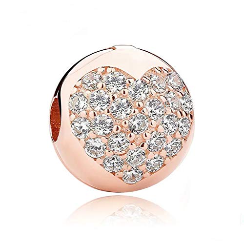 Product Cover Heart Clip Charm 925 Sterling Silver Spacer Beads fit for Fashion Charms Bracelets (Rose gold plating Sparkling Heart Clip)