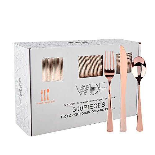 Product Cover 300 Pieces Rose Gold Plastic Silverware- Disposable Flatware Set-Heavyweight Plastic Cutlery- Includes 100 Forks, 100 Spoons, 100 Knives -WDF