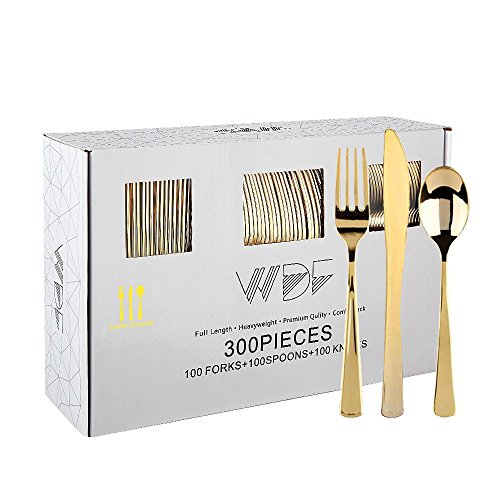 Product Cover 300 Pieces Gold Plastic Silverware- Disposable Flatware Set-Heavyweight Plastic Cutlery- Includes 100 Forks, 100 Spoons, 100 Knives -WDF