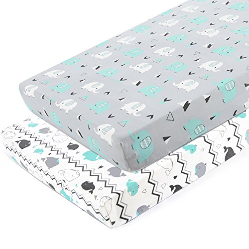 Product Cover Pack n Play Stretchy Fitted Pack n Play Playard Sheet Set-Brolex 2 Pack Portable Mini Crib Sheets,Convertible Playard Mattress Cover,Ultra Soft Material，Elephant & Whale