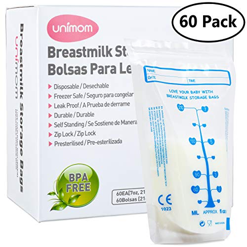 Product Cover Unimom 60 Breast Milk Storage Bags - Self Standing, Freezer Safe, Leak Proof Zip Top Closure, Pre Sterilized, BPA Free, Marked Measurements - 7oz - by Unimom