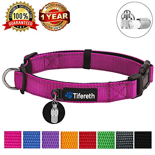 Product Cover Tifereth Dog Collars Nylon Buckle Dog Collar Comfortable Dog Collar Padded and Light Weight 8 Colors Small Medium Large Sizes (Free Pet ID Tag)（Medium, Pink）