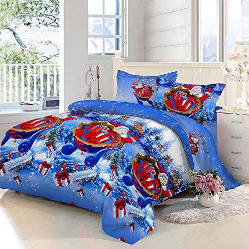Product Cover Anself 4PCS Christmas Bedding Sets, Bed Sheet + Quilt Cover + Pillow case (King Size, Blue #2)