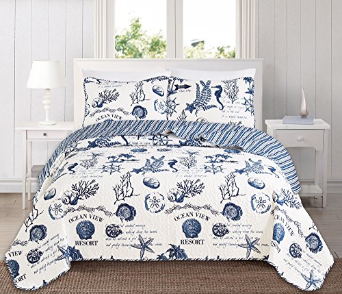 Product Cover Great Bay Home 3 Piece Quilt Set with Shams. Soft All-Season Microfiber Bedspread Featuring Attractive Seascape Images. Machine Washable. The Catalina Collection Brand. (Full/Queen, Navy)