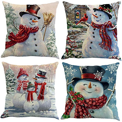 Product Cover XIECCX Throw Pillow Covers Decorative Pillowcases Christmas Snowman Snowflake Theme 4 Pack-Soft Linen Cotton Design Cushion Cover for Sofa,Bedroom,Chair,Car Seat,Farmhouse 18 x 18