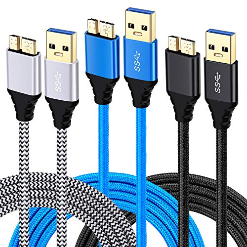 Product Cover Besgoods 3-Pack 6ft Braided Super Speed USB 3.0 Charger Cable - Type A Male to Micro B Fast Charger Cord Compatible for Samsung Galaxy S5, Note 3, Hard Drive - Black White Blue