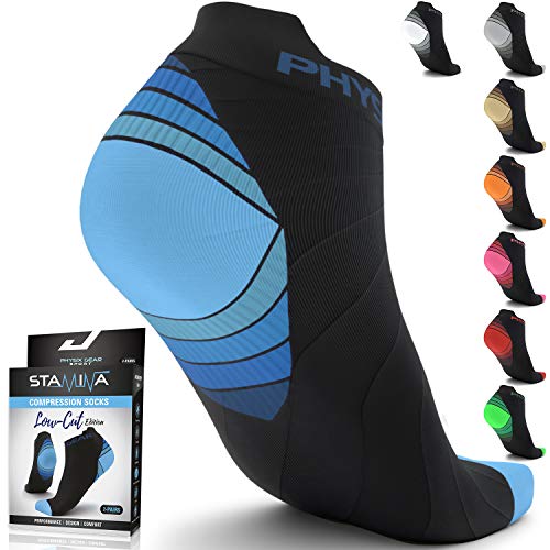 Product Cover Compression Running Socks Men & Women - Best Low Cut No Show Athletic Socks for Stamina Circulation & Recovery - Durable Ankle Socks for Runners, Plantar Fasciitis & Cycling - 2 PAIR BLU BLK L/XL