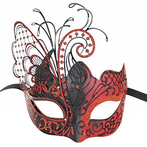 Product Cover CCUFO Masquerade Venetian Luxury Face Mask for Women Metal Sparkling Butterfly | Party, Ballroom, Fancy Prom, Mardi Gras, Wedding, Wall Decoration (Red/Black Butterfly)