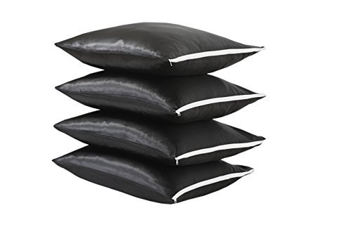 Product Cover Niagara Sleep Solution Black Satin Pillow Case Protectors 4 Pack 300 Thread Count Luxury Standard 20x26inches 100% Silk~y (Hair and Skin Care) Zippered Covers Ultra-Soft Hypoallergenic